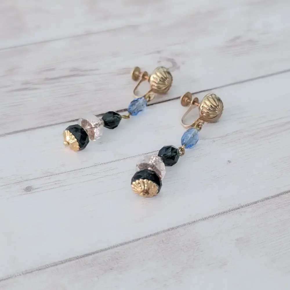 Vintage Screw Back Earrings Gold Tone, Blue. Black, Clear Long Dangle